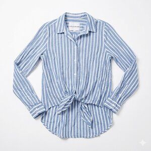 Lola River Small Blue White Striped Button Down Shirt Tie Front Coastal Preppy